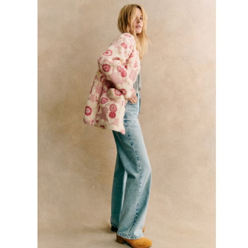 Sezane Nael Pink Rosewood Embroidered Floral Shearling Coat